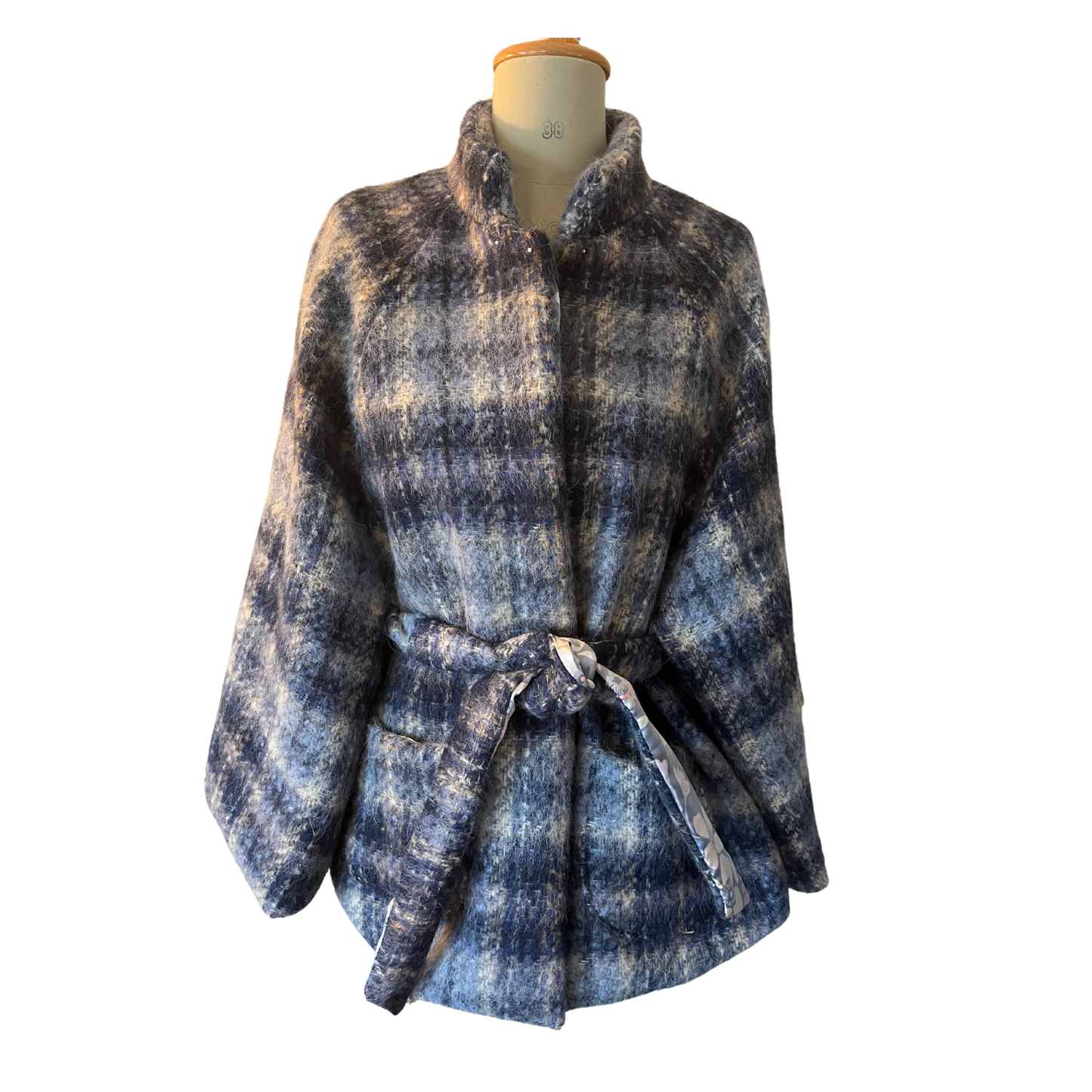 Plaid Bluescape Mohair Belted Women's Cape with Muted Floral Silk Charmeuse Liner