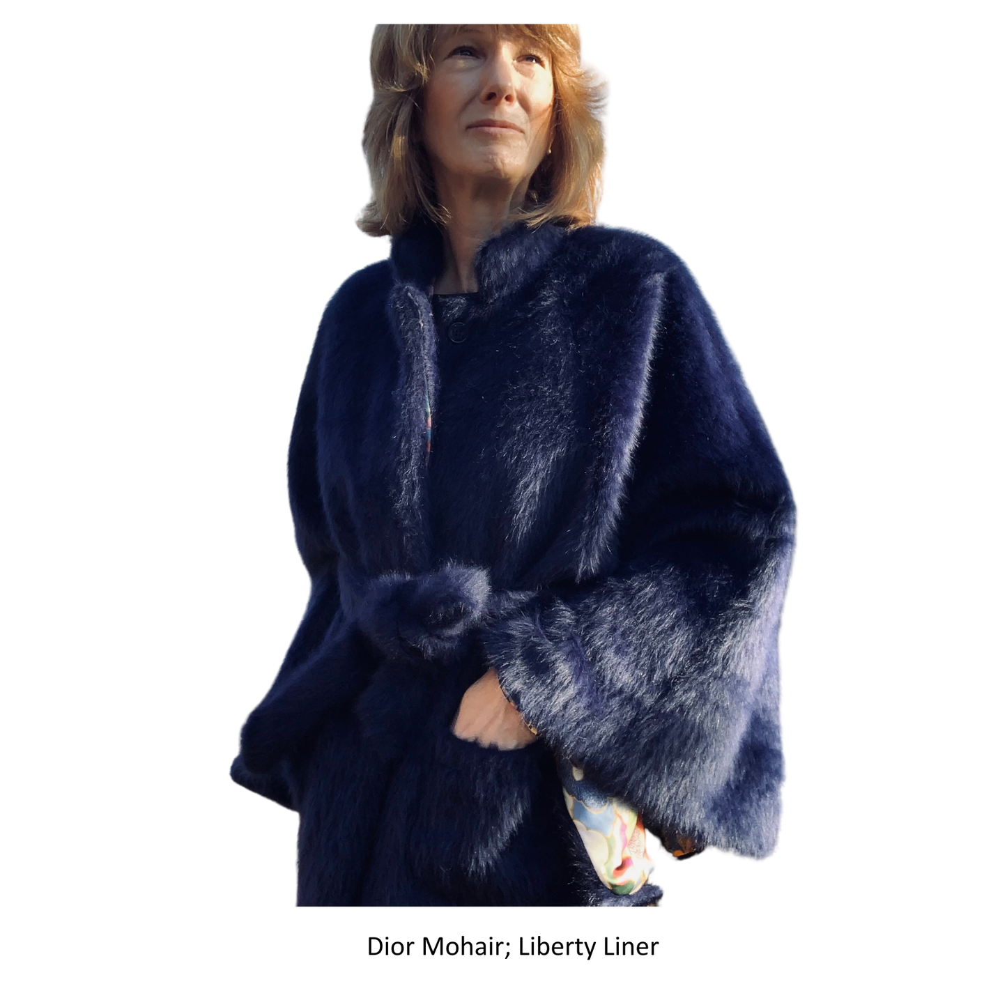 Blue Mohair Women's Belted Cape with Colourful Landscape Liberty Charmeuse Liner