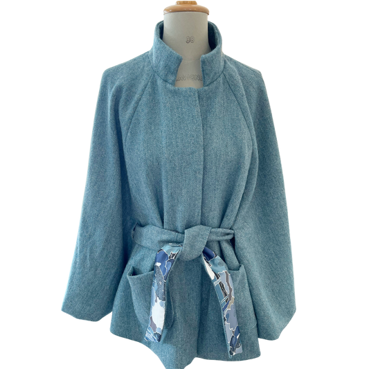 Light Blue Wool Herringbone Belted Cape with Bluescape Liberty Silk Charmeuse Liner