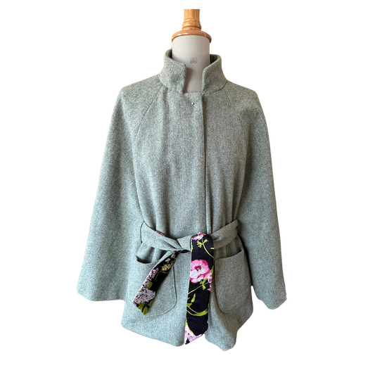 Green Herringbone Belted Cape with Black/Green/Rose Silk Charmeuse Liner