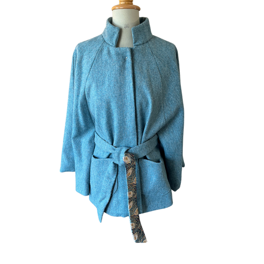 Light Blue Herringbone Women's Belted Cape with Green Peacock Feather Liberty Liner