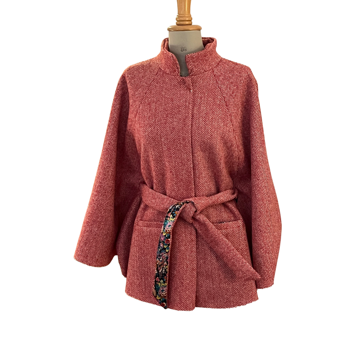 Red Herringbone Women's Belted Cape with Floral Liberty Charmeuse Liner