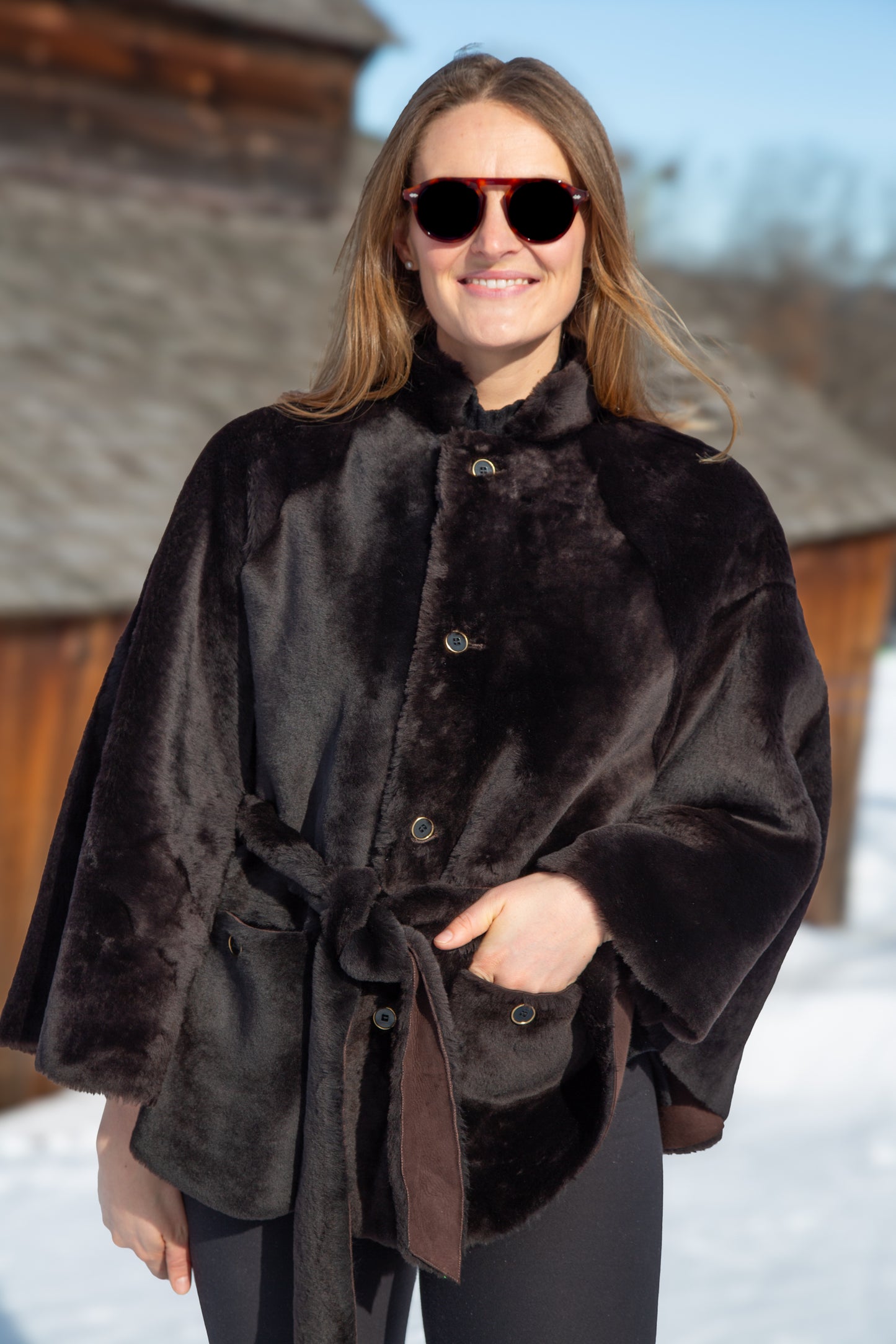 Show-Stopping Reversible Shearling Belted Cape