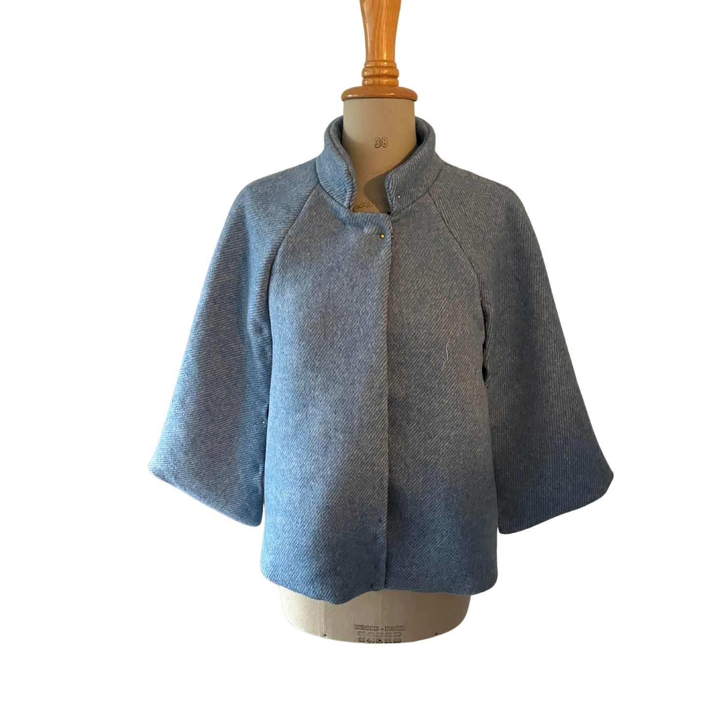 Custom Short Cape Powder Blue Wool Doublecloth and Green Peacock Liberty Silk Liner