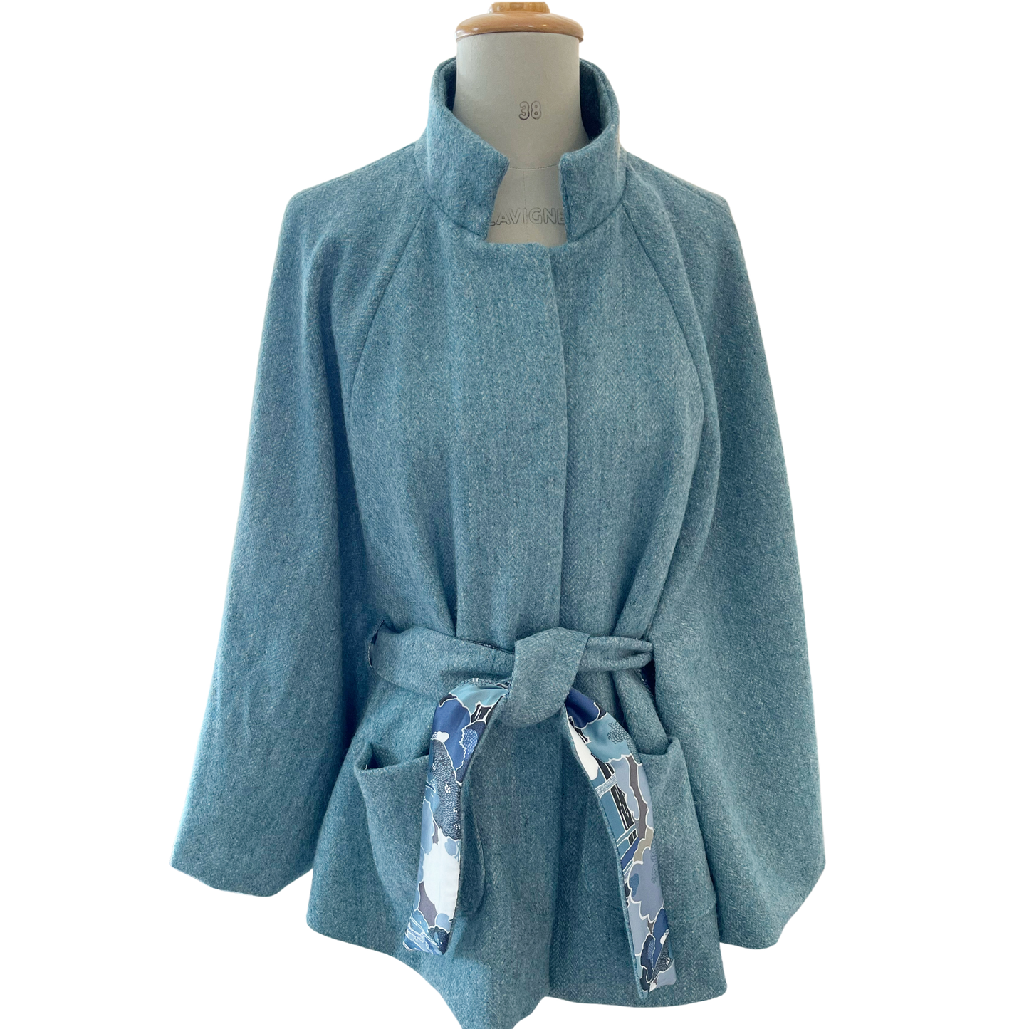 Light Blue Wool Herringbone Belted Cape with Bluescape Liberty Silk Charmeuse Liner